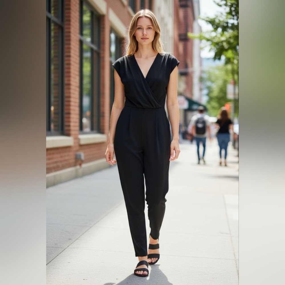Eliza J Black Crossover Front Crepe Jumpsuit Sz.10